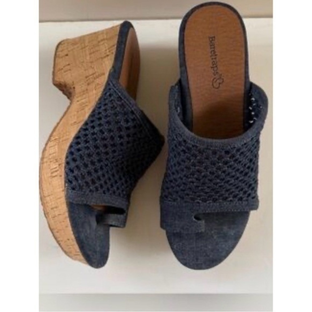 Baretraps Womens Denim Blue Woven Mesh Cork Wedge Platform Toe Loop Sandals
